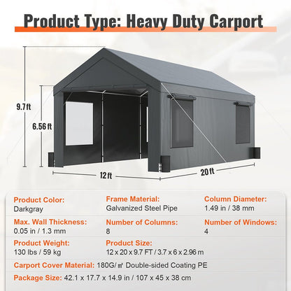 12' x 20' FT Alora Heavy-Duty Outdoor Premium Garage Tarp Canopy Shelter W/ Removable Sidewalls