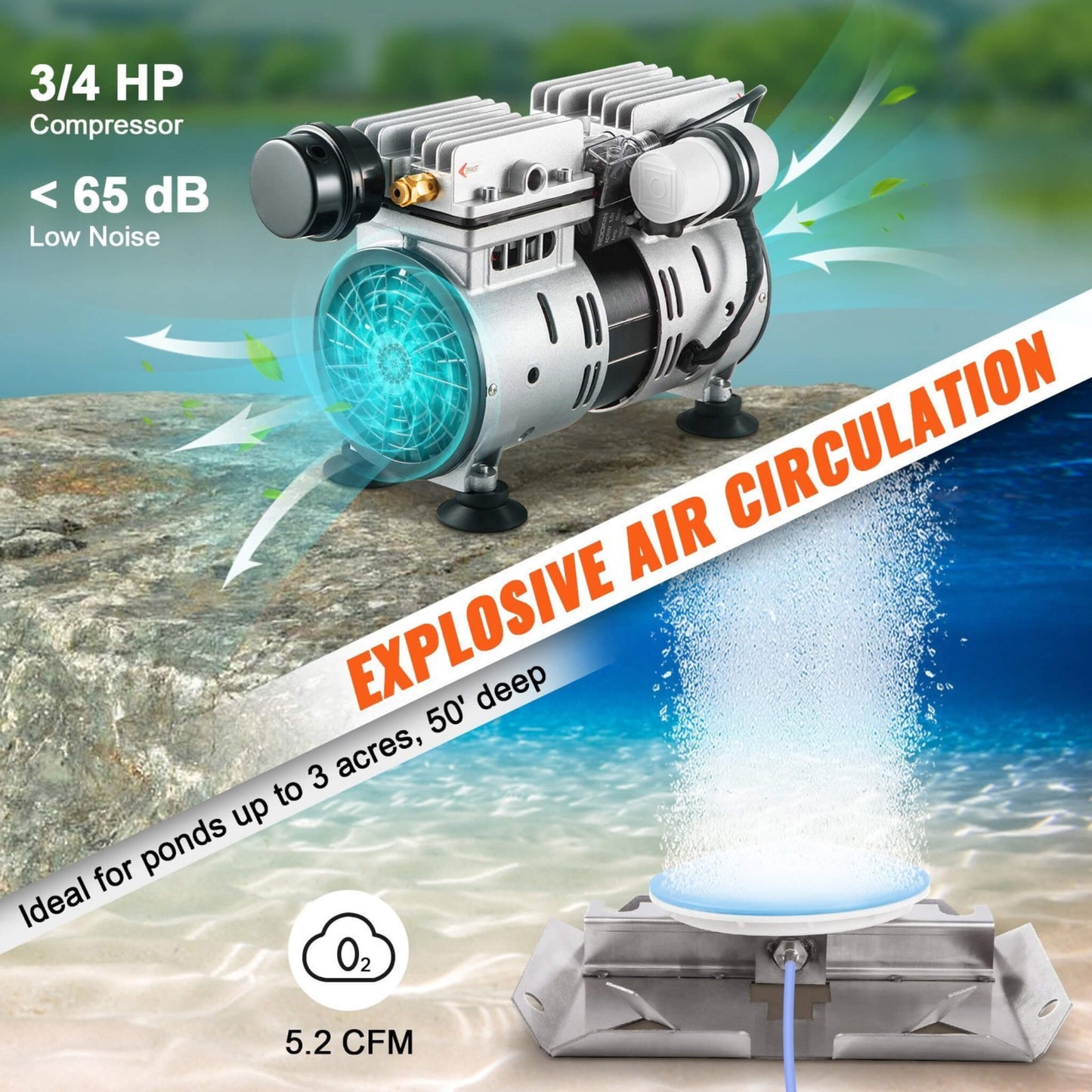 Heavy-Duty Pond Aerator Kit with Compressor, Diffusers and Weighted Tubing
