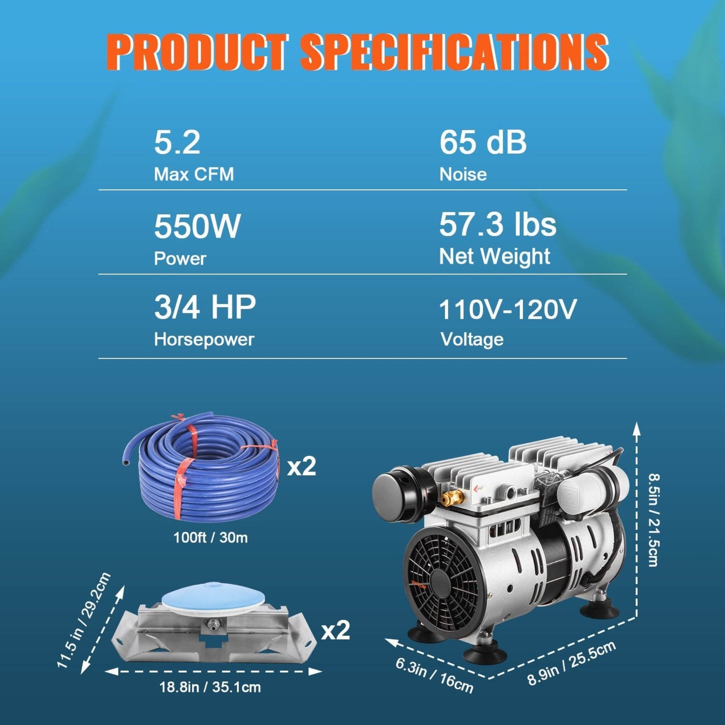 Heavy-Duty Pond Aerator Kit with Compressor, Diffusers and Weighted Tubing