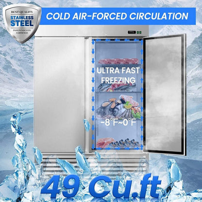 Large 49 Cu.Ft. Two Door Stainless Steel Commercial Industrial Restaurant Freezer, 54"