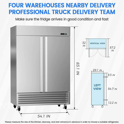 Large 49 Cu.Ft. Two Door Stainless Steel Commercial Industrial Restaurant Freezer, 54"