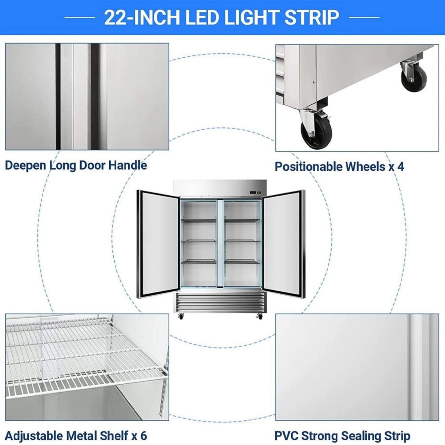 Large 49 Cu.Ft. Two Door Stainless Steel Commercial Industrial Restaurant Freezer, 54"