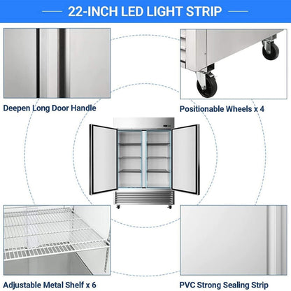 Large 49 Cu.Ft. Two Door Stainless Steel Commercial Industrial Restaurant Freezer, 54"