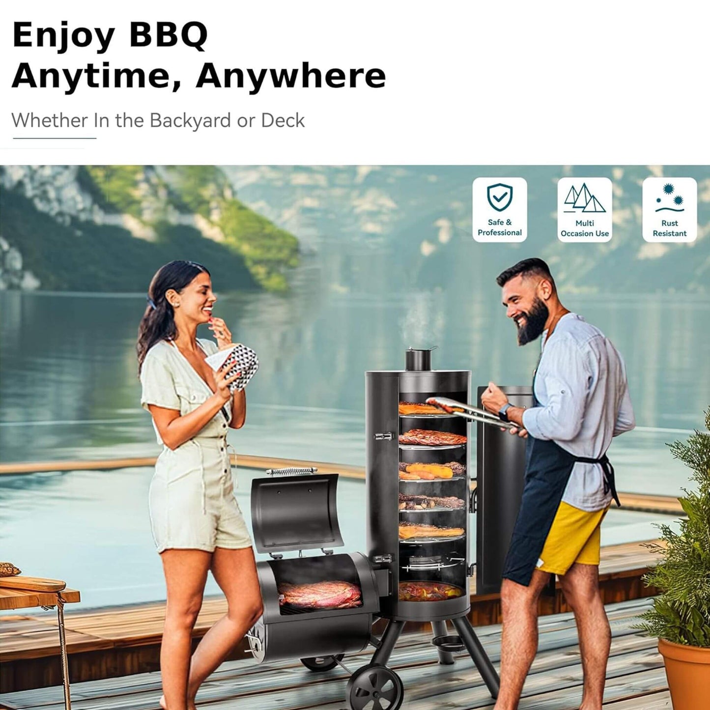 Heavy-Duty Vertical Extra-Large Charcoal Offset BBQ Smoker Grill Combo