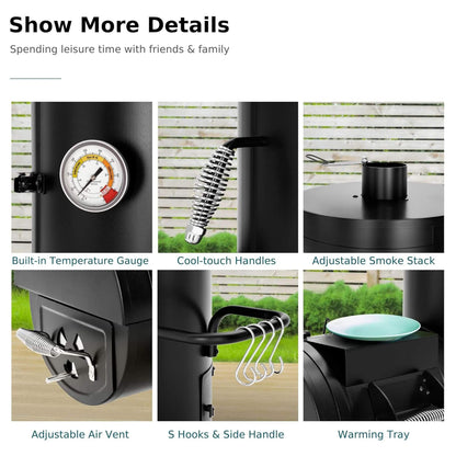 Heavy-Duty Vertical Extra-Large Charcoal Offset BBQ Smoker Grill Combo