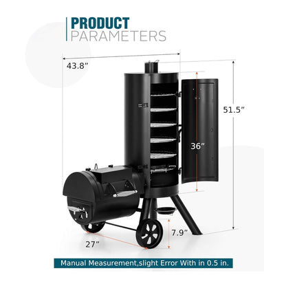 Heavy-Duty Vertical Extra-Large Charcoal Offset BBQ Smoker Grill Combo