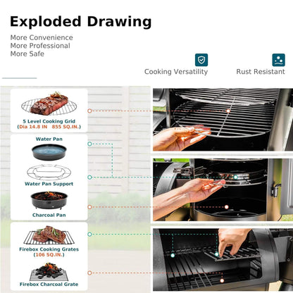 Heavy-Duty Vertical Extra-Large Charcoal Offset BBQ Smoker Grill Combo