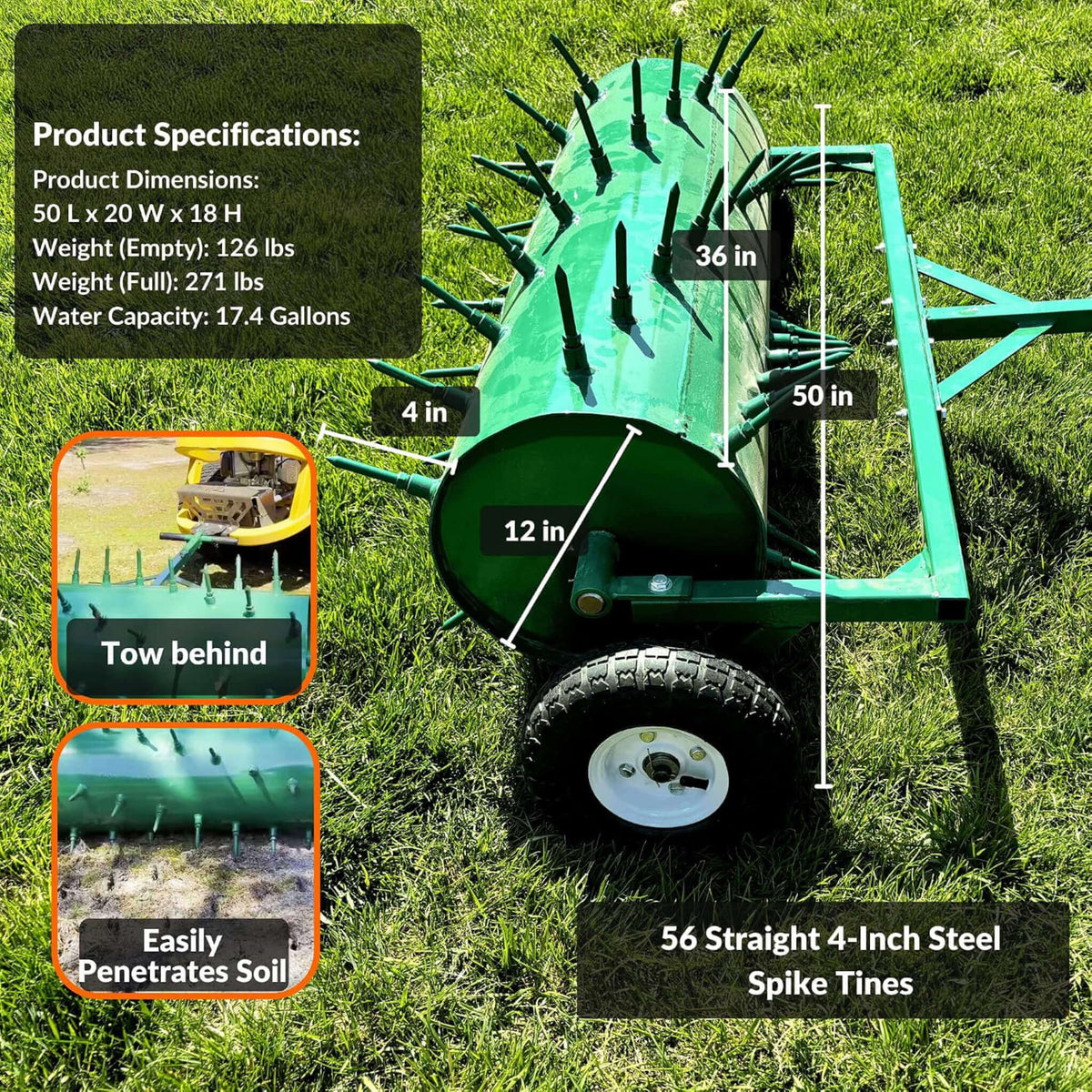 Heavy-Duty Water-Filled Pull-Behind Spike Roller Lawn Aerator