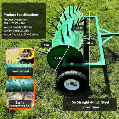 Heavy-Duty Water-Filled Pull-Behind Spike Roller Lawn Aerator