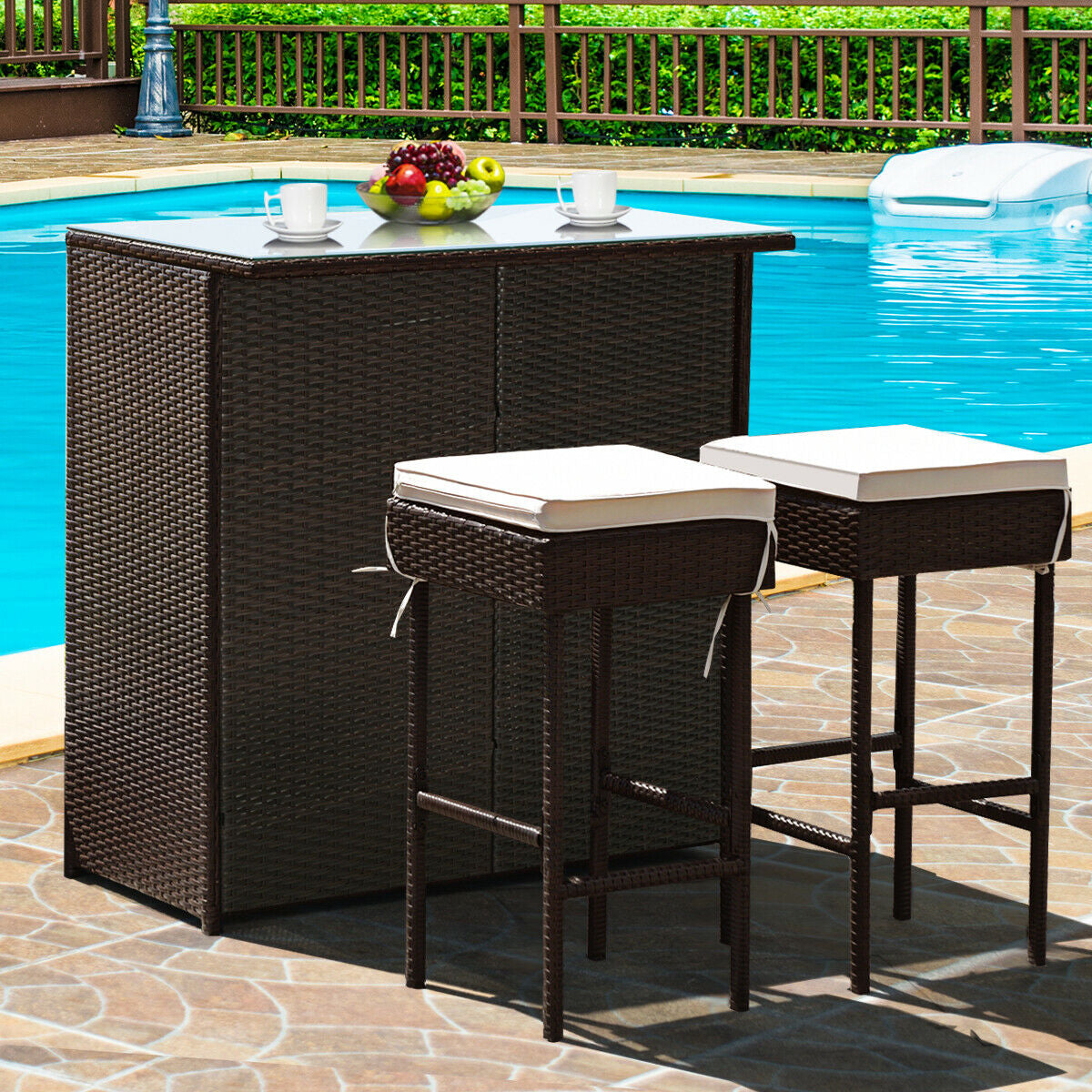 3PCS Patio Rattan Wicker Bar Table Stools Dining Set