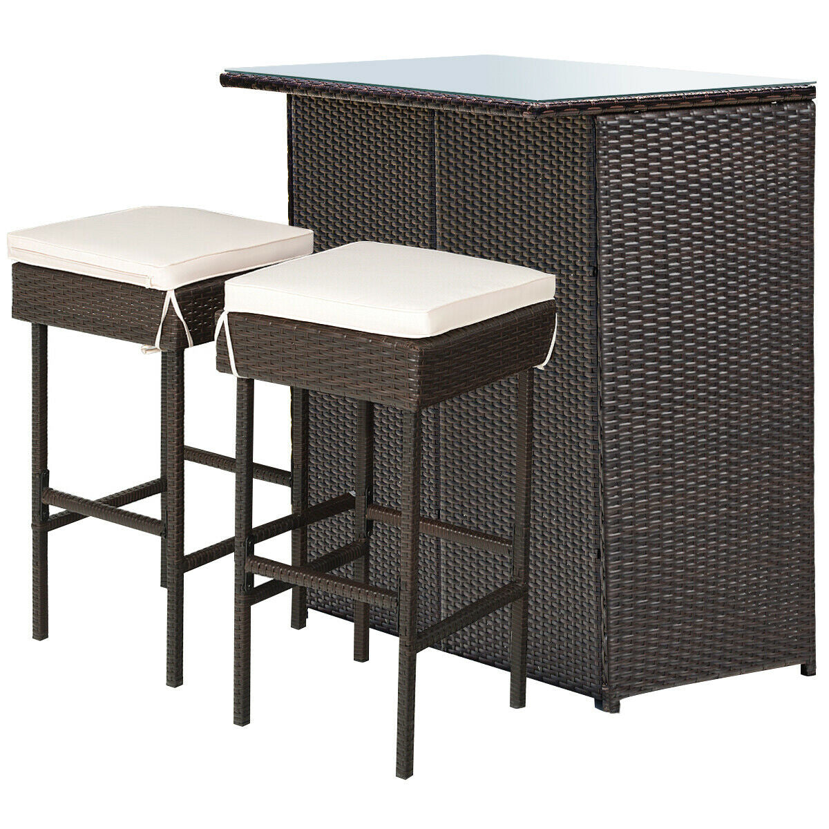 3PCS Patio Rattan Wicker Bar Table Stools Dining Set