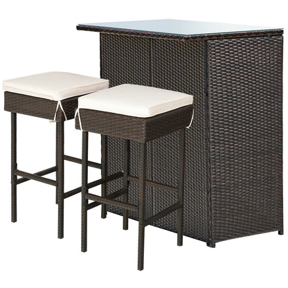 3PCS Patio Rattan Wicker Bar Table Stools Dining Set