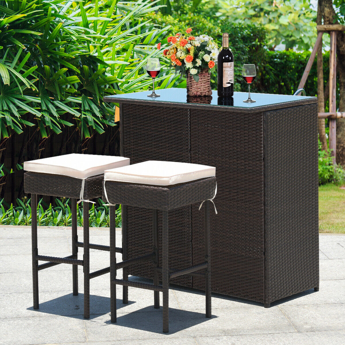 3PCS Patio Rattan Wicker Bar Table Stools Dining Set