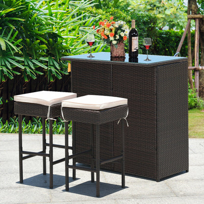 3PCS Patio Rattan Wicker Bar Table Stools Dining Set