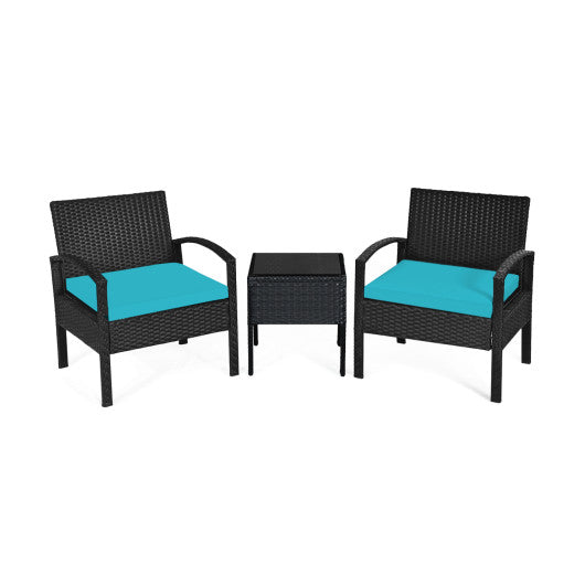 3 Pieces Outdoor Rattan Patio Conversation Set with Seat Cushions - Turquoise