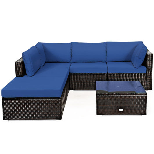 6 Pieces Outdoor Patio Rattan Sectional Sofa Set with Coffee Table - Blue