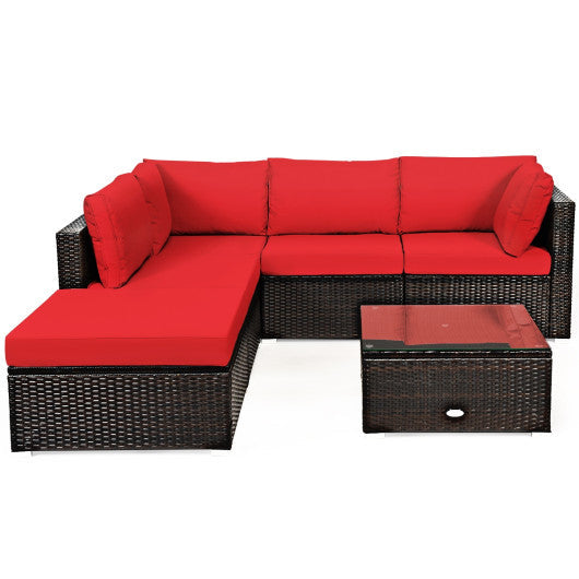 6 Pieces Outdoor Patio Rattan Furniture Set Sofa Ottoman - Red
