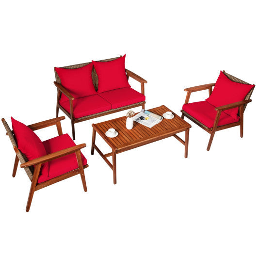 4 Piece  Acacia Wood Patio Rattan Furniture Set - Red