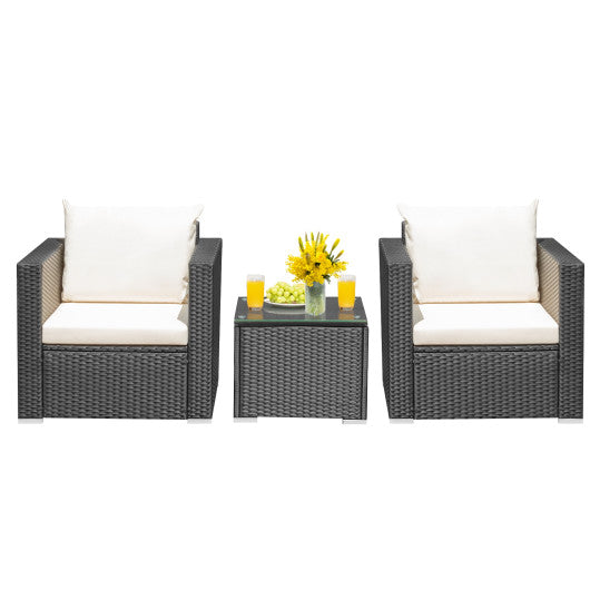 3 Pieces Patio Wicker Conversation Set with Cushion - White