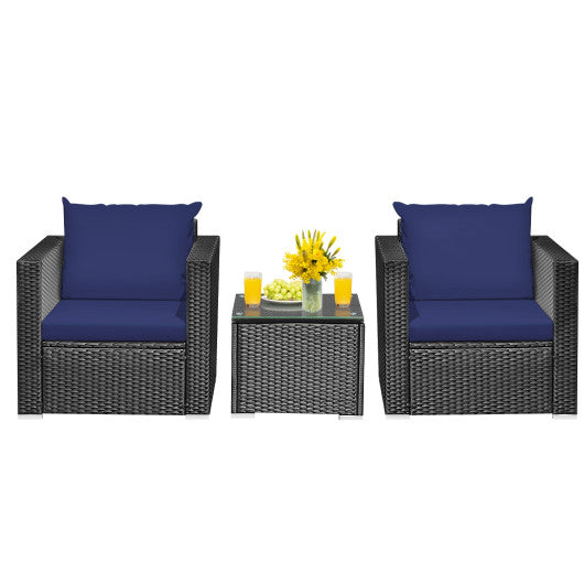 3 Pieces Patio Wicker Conversation Set with Cushion - Navy