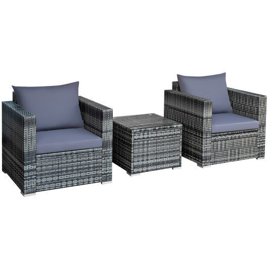 3 Pcs Patio Rattan Furniture Bistro Sofa Set with Cushioned - Gray