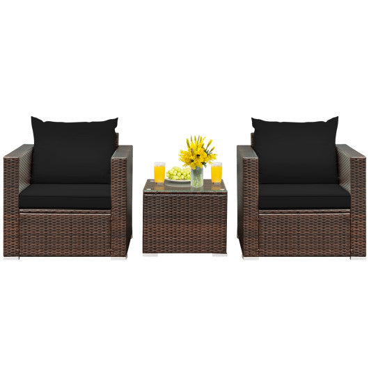 3 Pcs Patio Conversation Rattan Furniture Set with Cushion - Black