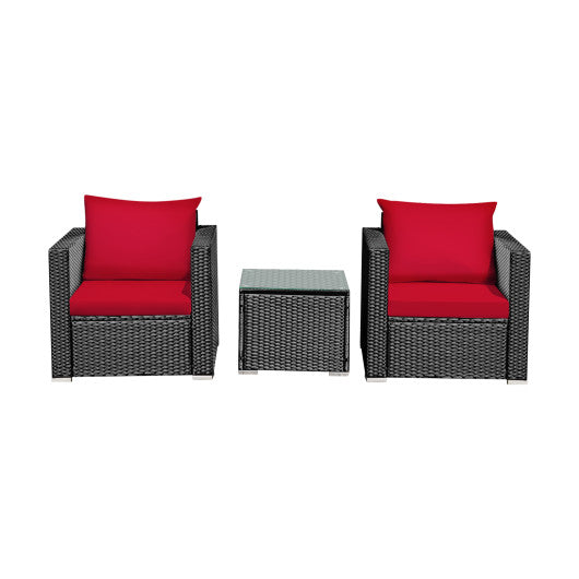 3 Pcs Patio Conversation Rattan Furniture Set with Cushion - Red