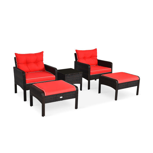 5 Pieces Patio Rattan Sofa Ottoman Furniture Set with Cushions - Red