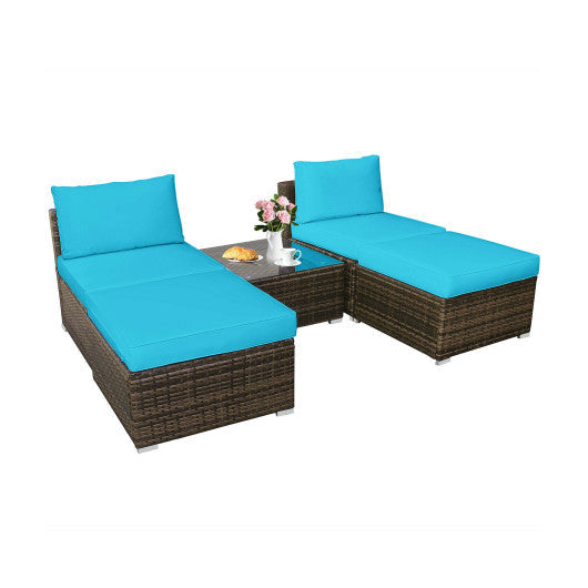 5 Pieces Patio Rattan Furniture Set with Cushioned Armless Sofa - Turquoise
