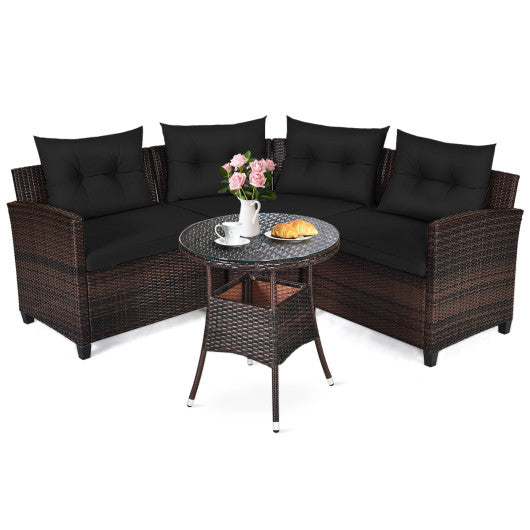 4 Pieces Outdoor Cushioned Rattan Furniture Set - Black