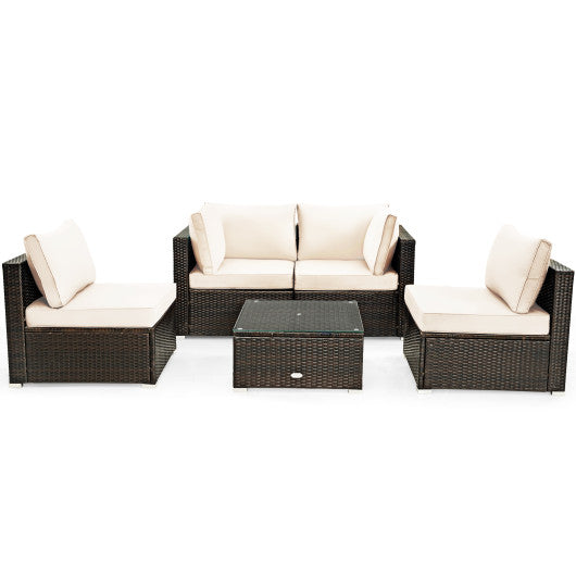5 Pieces Cushioned Patio Rattan Furniture Set with Glass Table - White