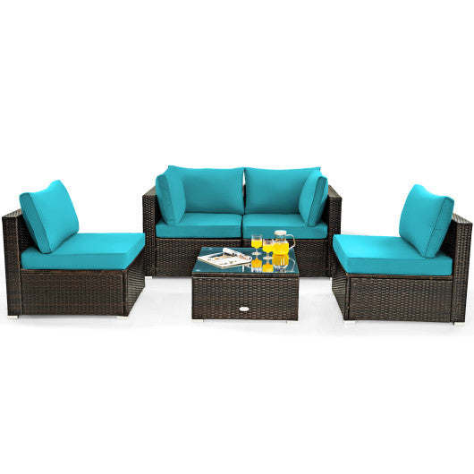 5 Pieces Cushioned Patio Rattan Furniture Set with Glass Table - Turquoise