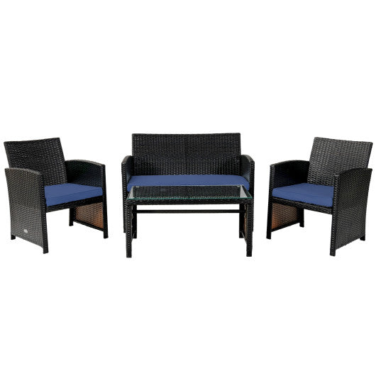 4PCS Patio Rattan Cushioned Furniture Set - Navy