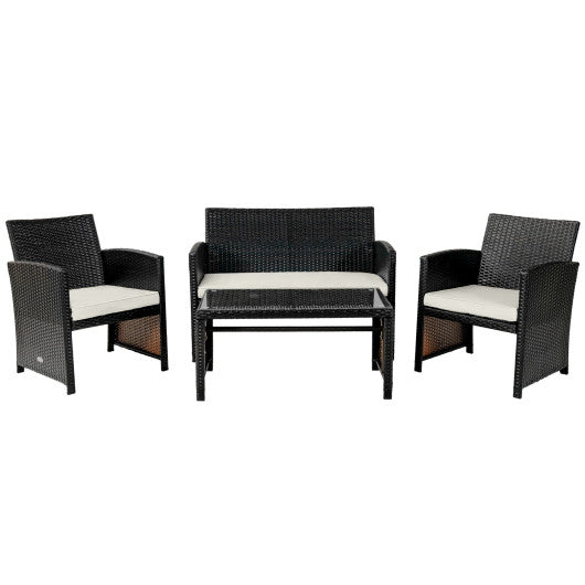 4 Pieces Patio Rattan Cushioned Furniture Set with Coffee Table - White