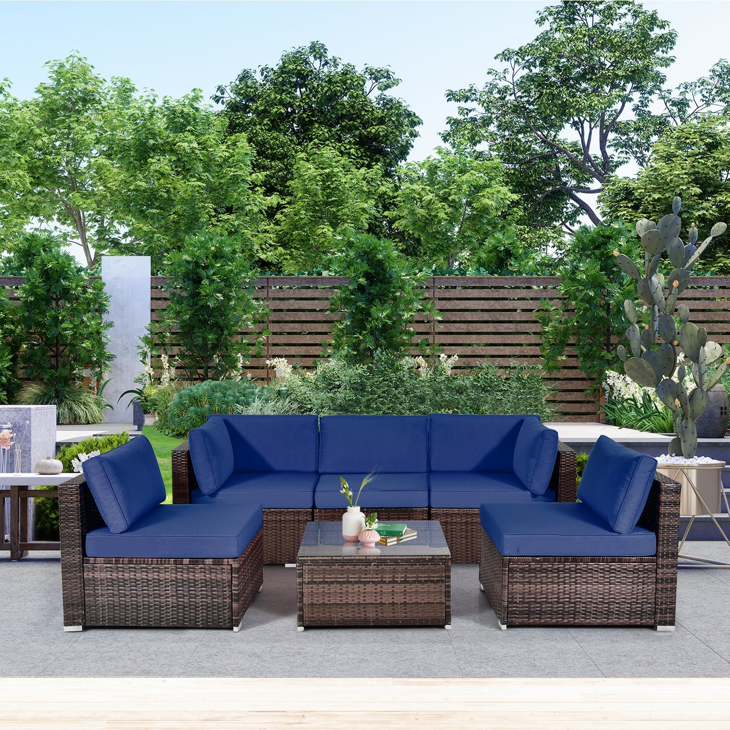 6 Pieces Patio Rattan Furniture Set with Cushions and Glass Coffee Table