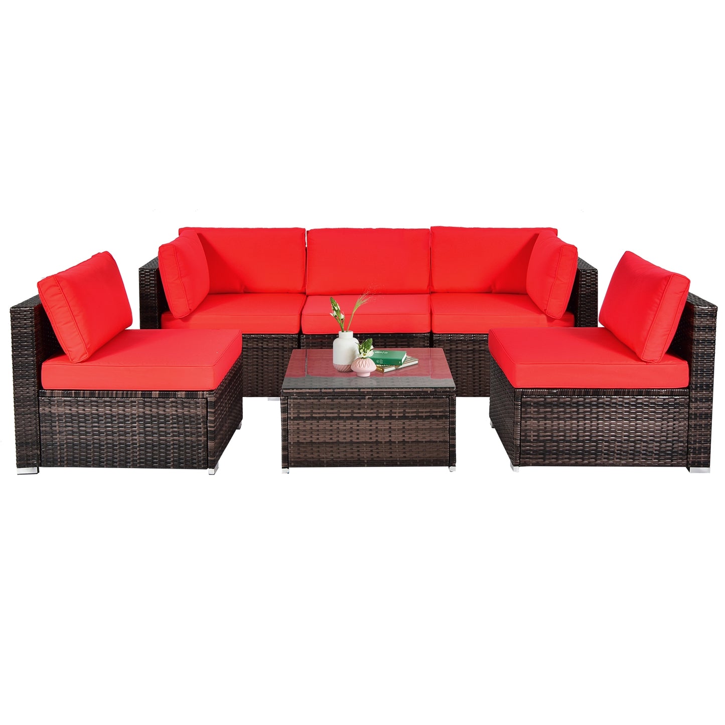 6 Pieces Patio Rattan Furniture Set with Cushions and Glass Coffee Table