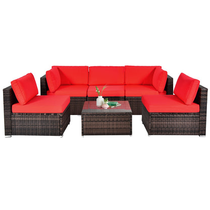 6 Pieces Patio Rattan Furniture Set with Cushions and Glass Coffee Table