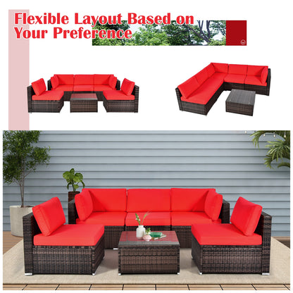 6 Pieces Patio Rattan Furniture Set with Cushions and Glass Coffee Table