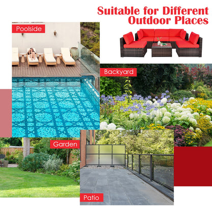 6 Pieces Patio Rattan Furniture Set with Cushions and Glass Coffee Table