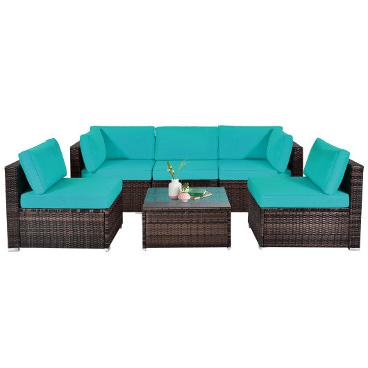 6 Pieces Patio Rattan Furniture Set with Cushions and Glass Coffee Table - Turquoise