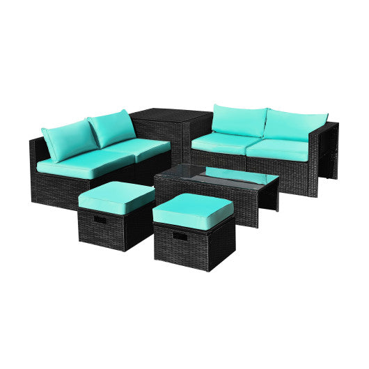 8 Pieces Patio Rattan Storage Table Furniture Set - Turquoise
