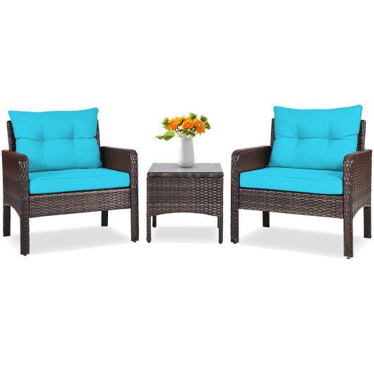 3 Pcs Outdoor Patio Rattan Conversation Set with Seat Cushions - Turquoise
