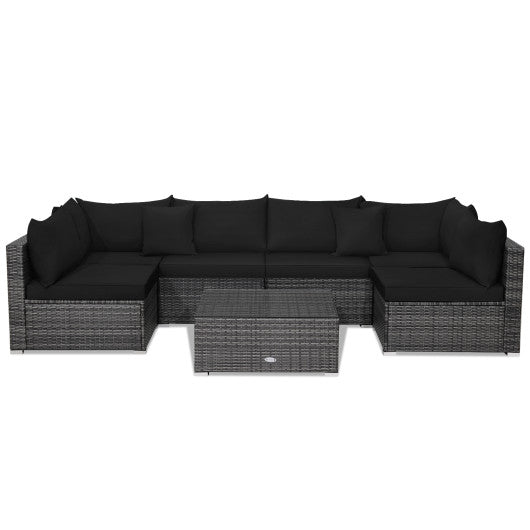 7 Pieces Patio Rattan Furniture Set with Sectional Sofa Cushioned - Black