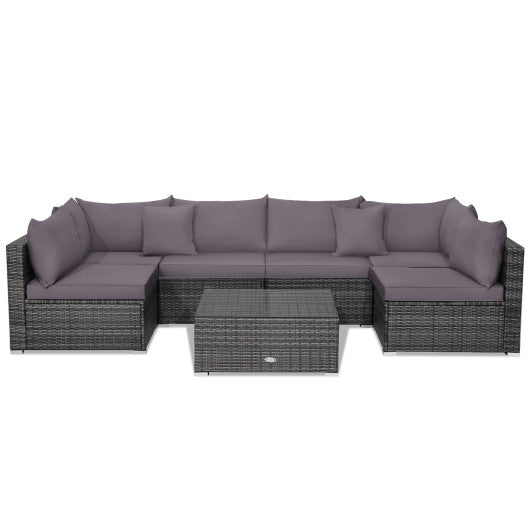 7 Pieces Patio Rattan Furniture Set Sectional Sofa Garden Cushion - Gray