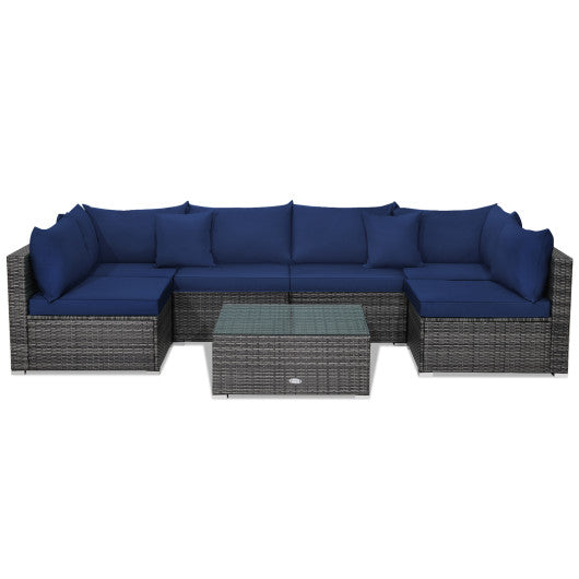 7 Pieces Patio Rattan Furniture Set Sectional Sofa Garden Cushion - Navy