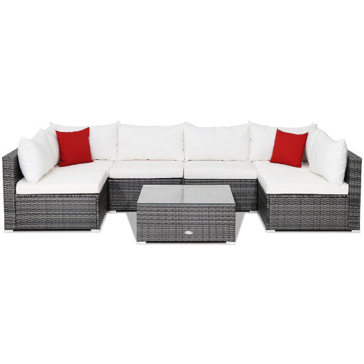7 Pieces Patio Rattan Furniture Set Sectional Sofa Garden Cushion - White