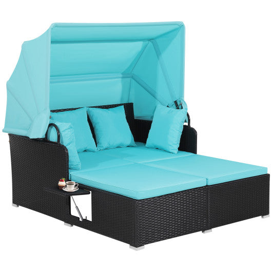 Patio Rattan Daybed with Retractable Canopy and Side Tables - Turquoise