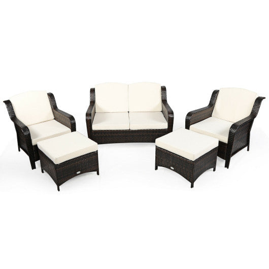 5 Pieces Patio Rattan Sofa Set with Cushion and Ottoman - Off White