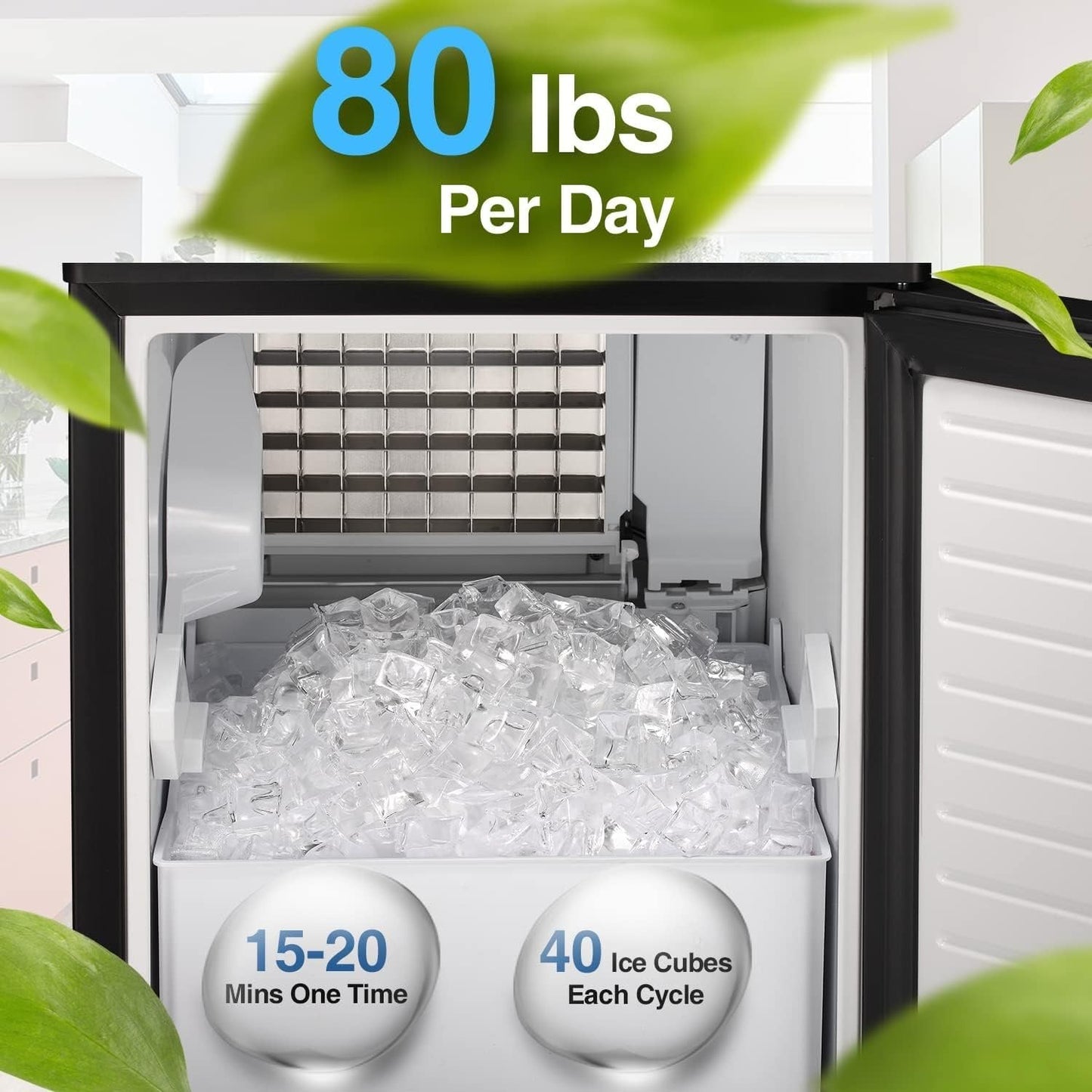 Kismile Commercial Built-in Ice Maker 80 Lbs Under Counter Ice Maker with 24HR Timer Reversible Door Ice Maker for Home & Office