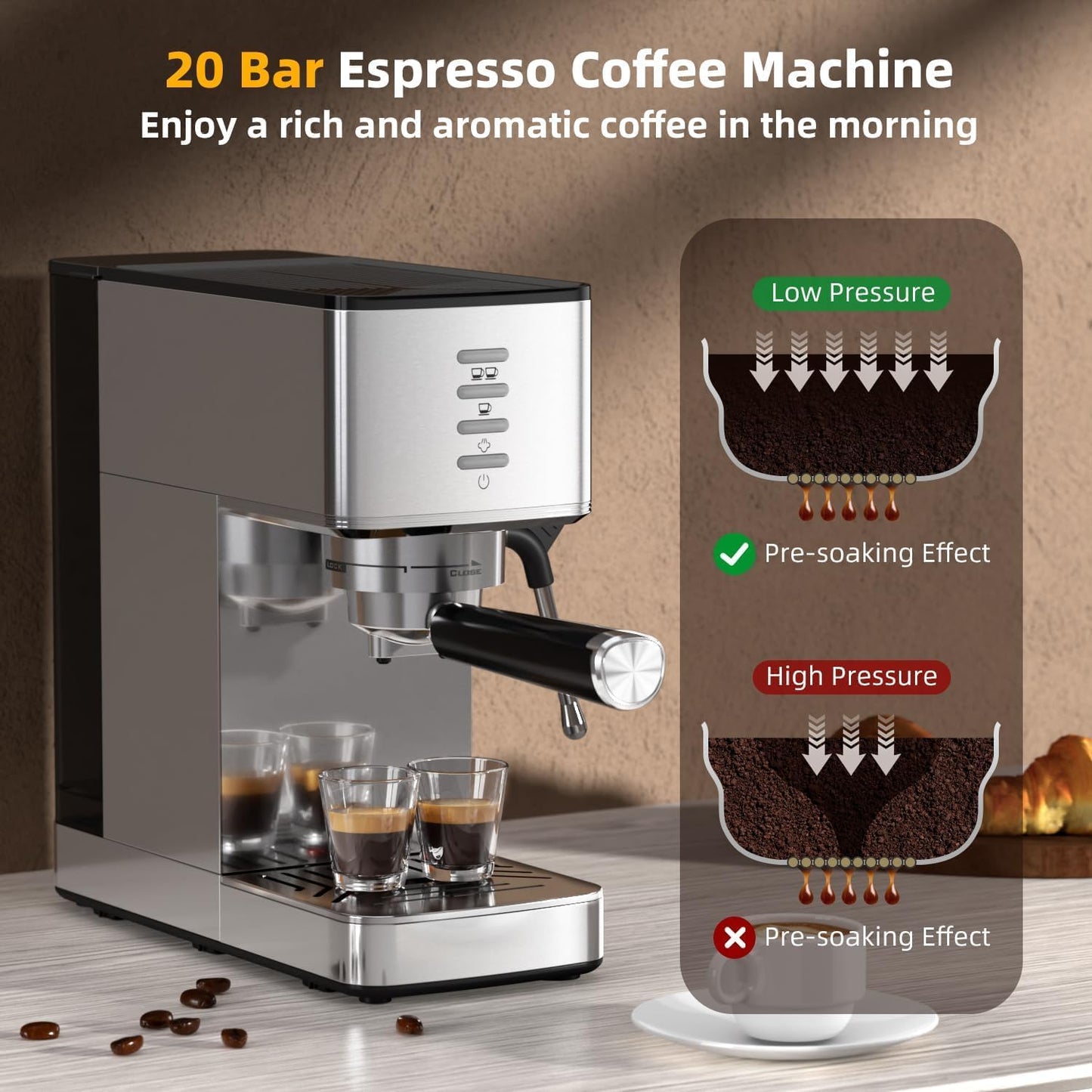 Kismile Espresso Coffee Maker Machine 20 Bar, with Milk Frother Steam Wand